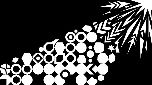 Sfondo astratto in bianco e nero con forme geometriche stilizzate e un motivo a raggiera dinamico che crea un effetto di movimento ed energia visiva su un contrasto netto.