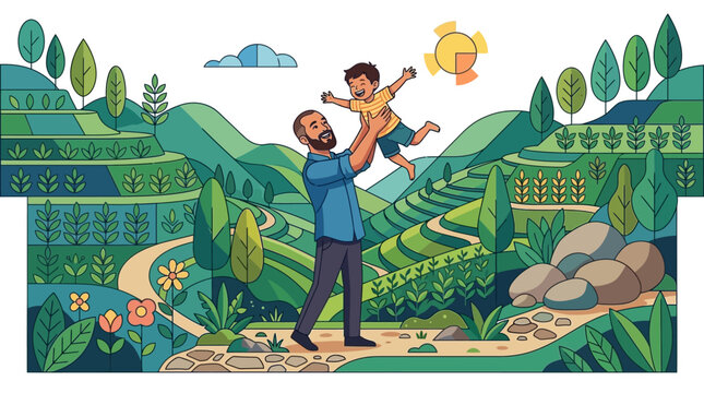 Un padre felice solleva in alto il suo bambino in un bellissimo paesaggio naturale con colline terrazzate, alberi e fiori in una colorata illustrazione in stile grafico piatto.