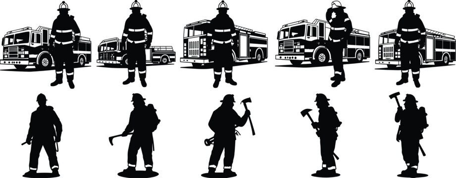 Collection of firefighter silhouettes with fire trucks in various poses on a white background fireman