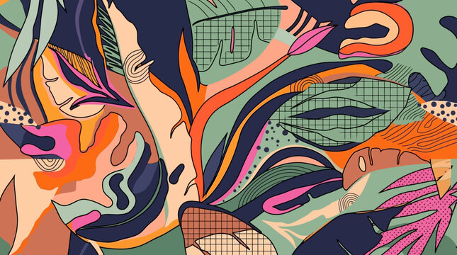 Modello astratto senza soluzione di continuit&agrave; con forme organiche, foglie tropicali stilizzate e motivi geometrici in una vivace tavolozza di colori contemporanei per design decorativi.