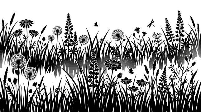 Illustrazione vettoriale in bianco e nero di un prato fiorito con erba alta, fiori di campo, denti di leone e libellule, ideale come bordo decorativo o sfondo naturale elegante.