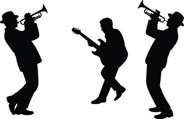 Naklejka premium Jazz Musicians Silhouettes Playing Instruments On White Background untitled