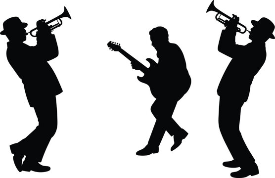 Jazz Musicians Silhouettes Playing Instruments On White Background untitled