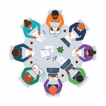Top View Diverse Team Meeting Around Round Table Collaboration Icon