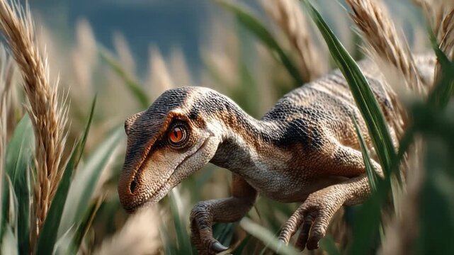 Velociraptor in Tall Grass: A detailed depiction of a velociraptor emerging from tall grass, with its intense gaze and reptilian features clearly visible.