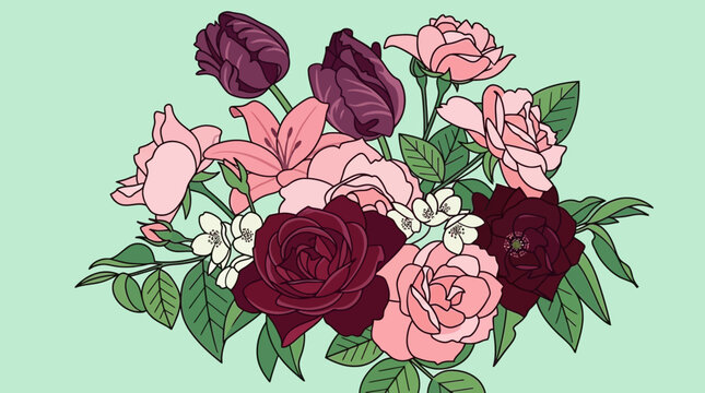 Piękny bukiet kwiat&oacute;w z r&oacute;żami, tulipanami i liliami w stylu ilustracji wektorowej na jasnym miętowym tle, idealny do dekoracji i projekt&oacute;w graficznych.