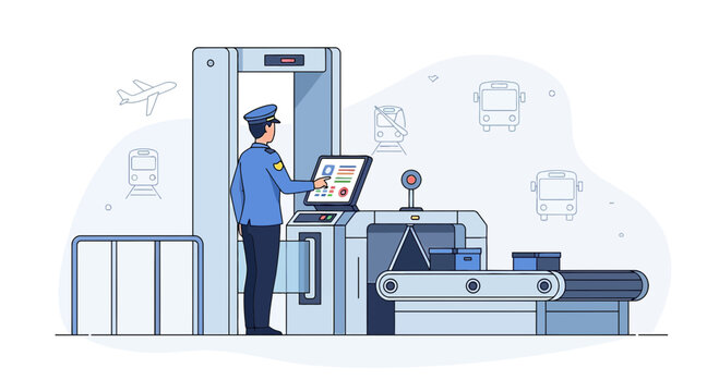Security guard at airport checkpoint with metal detector and x-ray scanner
