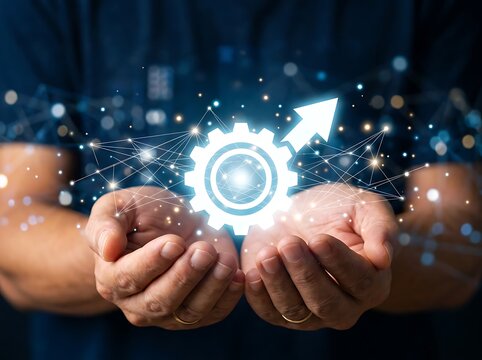 Hands holding glowing digital gear with upward arrow.