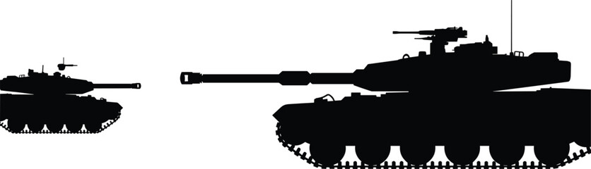 Black silhouettes of two tanks facing each other with distinct barrel lengths and turret details for military vector design projects © MDSHAFIQUL