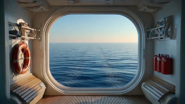 Ocean Vista from Cabin: A serene ocean view through a porthole window inside a ship cabin, featuring calm blue water stretching to the horizon under a clear sky.