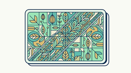 Prostokątna karta z dekoracyjnym wzorem geometrycznym w stylu art deco, przedstawiająca stylizowane liście i roślinne motywy w odcieniach zieleni, błękitu oraz beżu na jasnym tle.