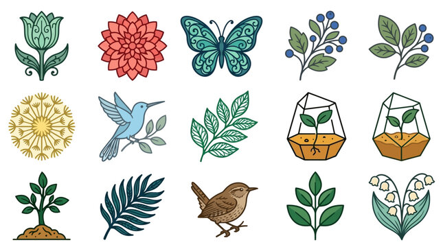 Zestaw kolorowych ikon wektorowych przedstawiających naturę, w tym kwiaty, ptaki, motyle, rośliny w terrariach oraz liście, zaprojektowane w stylu płaskiej ilustracji na białym tle.