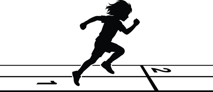 Silhouette of a child running fast on a sports track isolated on white background