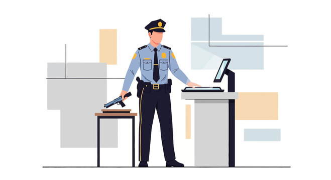 Police Officer at Security Desk with Gun and Tablet - Security Guard Illustration