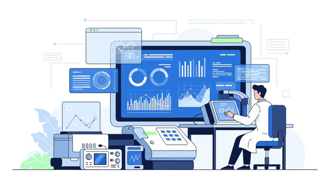 Scientist Analyzing Data on Futuristic Computer Screen with Graphs and Charts