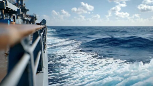 Naval Vessel on the Open Sea: A perspective from the deck of a large naval vessel as it cuts through the deep blue ocean, leaving a white wake under a clear sky dotted with clouds.