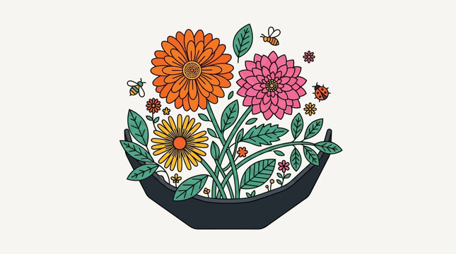 Urocza ilustracja wektorowa bukietu kolorowych kwiat&oacute;w w doniczce z pszczołami i biedronką w stylu retro, idealna do projekt&oacute;w graficznych, dekoracji wnętrz i materiał&oacute;w promocyjnych.