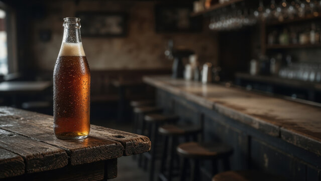 Beer bottle cold drink brown glass wooden bar pub interior moody lighting condensation foam head rustic table empty bar cold beer bottle stands rustic wooden bar dim pub interior, condensation