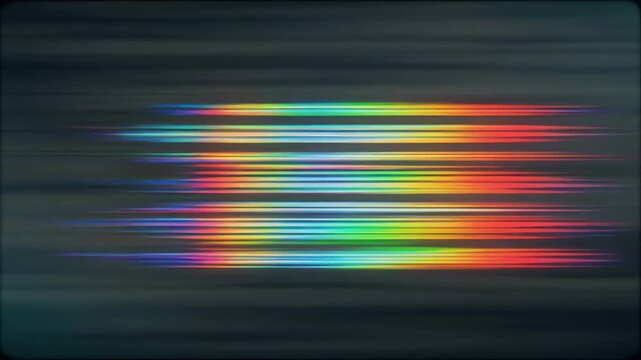 Glitchy stylized overlay effect creates vibrant rainbow-colored streaks on a dark background
