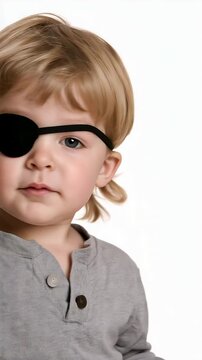 A child wearing an eye patch. eye treatment.
