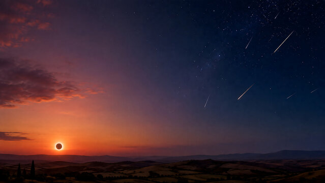 Total solar eclipse at sunset transitioning into a meteor shower