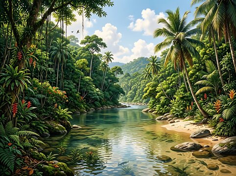 Tropical River Flowing Through Lush Rainforest Landscape.