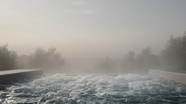 Outdoor pool spa jacuzzi hot water steam mist nature relaxation Outdoor pool spa jacuzzi hot water steam mist nature relaxation with calm bubbling surface, foggy morning landscape and soft light