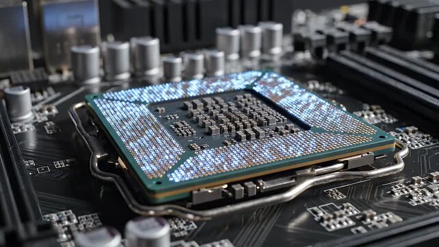 CPU with Electrical Energy Overload - A close-up shot of a central processing unit on a computer motherboard, with bright blue electrical sparks and energy surges emanating from the processor.