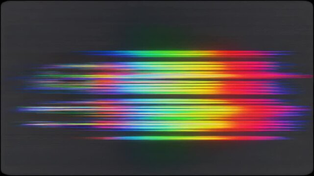 A VHS-style glitch with colorful tracking errors appears on a dark screen