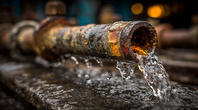 Oil flowing from a rusty pipe in an industrial setting with dark background and reflective surface