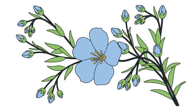 Delikatny niebieski kwiat lnu z pąkami i zielonymi liśćmi na białym tle, stylizowanej ilustracji botanicznej.