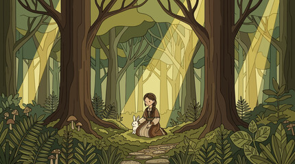Ilustracja przedstawiająca młodą dziewczynę siedzącą w magicznym, gęstym lesie i głaszczącą małego białego króliczka w promieniach słońca przebijających się przez korony drzew.