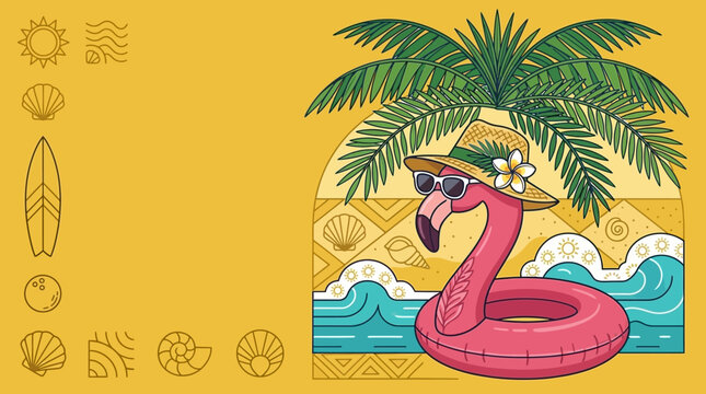 Ilustracja wektorowa z r&oacute;żowym flamingiem w kapeluszu i okularach przeciwsłonecznych, relaksującym się na dmuchanym kole pod palmą na letnim tle z ikonami plażowymi.