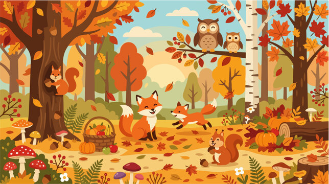 Autumn forest animals scene with fox.