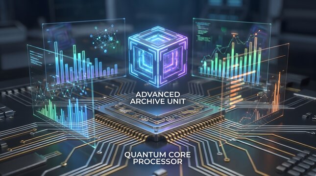 Advanced archive unit and quantum core processor concept, futuristic technology background with digital data visualization and circuit board