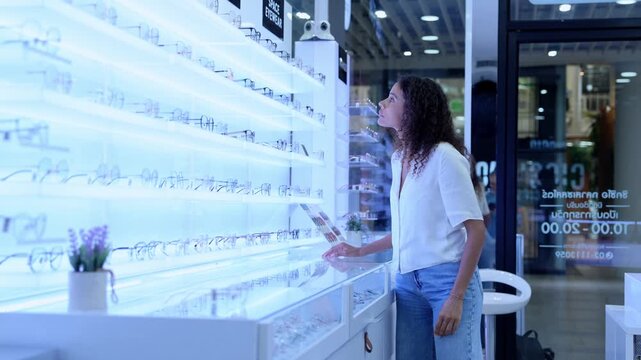 Fashionable young woman trying on trendy glasses in a contemporary eyewear store