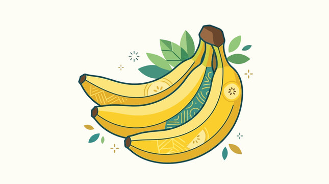 Ilustracja wektorowa kiści świeżych ż&oacute;łtych banan&oacute;w z zielonymi liśćmi na jasnym tle, zaprojektowana w nowoczesnym stylu graficznym z dekoracyjnymi elementami roślinnymi.