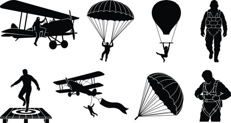 Black and White Vector Silhouette Set of Extreme Aviation Sports Parachuting Skydiving Wing Walking and Stunt Airplanes © MdAbdur