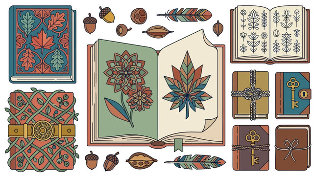 Zestaw ilustracji w stylu vintage przedstawiający ozdobne książki, magiczne księgi z roślinnymi wzorami, żołędzie oraz kolorowe pi&oacute;ra na białym tle, idealny do projekt&oacute;w graficznych.