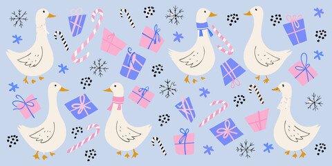 Geese Gifts And Candy Canes Vector Pattern On A Light Blue Background © Sabuj