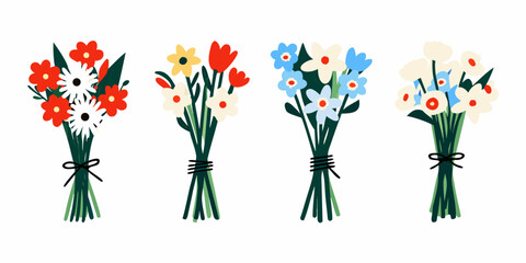 Four Wildflower Bouquets Flat Vector Illustration On White Background © Sabuj