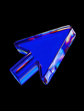 Glowing blue glass arrow cursor icon on black