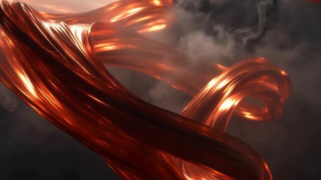 Flowing molten copper streams with dynamic light reflections against a smoky background