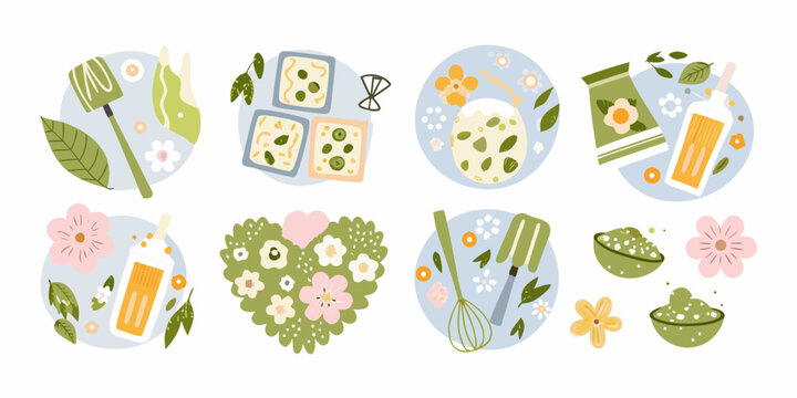 Matcha Tea Collection Vibrant Floral Vector Illustrations On White Background