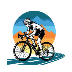 Fototapeta premium This energetic illustration captures a cyclist riding through picturesque mountain landscapes, highlighting an active lifestyle amidst nature's breathtaking beauty.