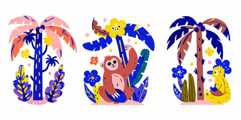 Tropical jungle scenes with sloth monkey and palm trees vector illustration © Sabuj