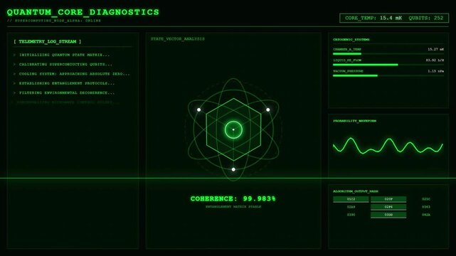 Quantum Core Diagnostics Supercomputing Qubit HUD Dashboard Animation Green Scifi Loop.
