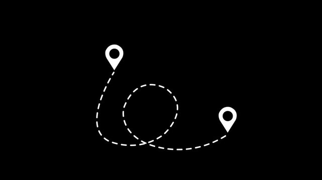 two points with dotted path and location pin. Route location icon two pin sign and dotted line black background.