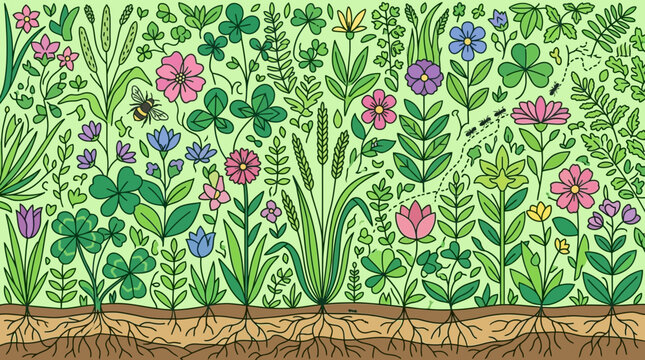 Kolorowa ilustracja przedstawiająca łąkę z r&oacute;żnorodnymi kwiatami, ziołami i roślinami z widocznymi korzeniami w glebie, utrzymana w stylu rysunkowym z pszczołą i mr&oacute;wkami.