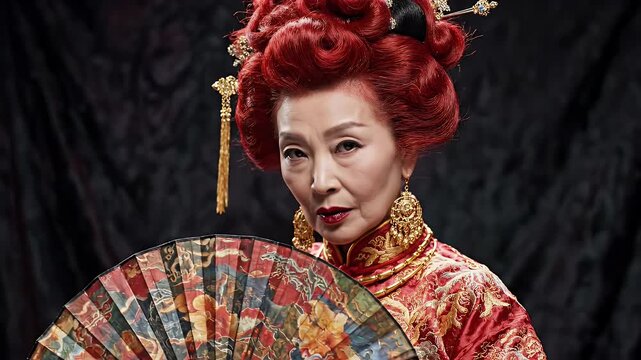 Elegant Asian Woman in Traditional Red Costume Holding Fan - A close-up portrait of an elegant Asian woman with striking red hair and elaborate gold jewelry, holding a richly patterned fan.
